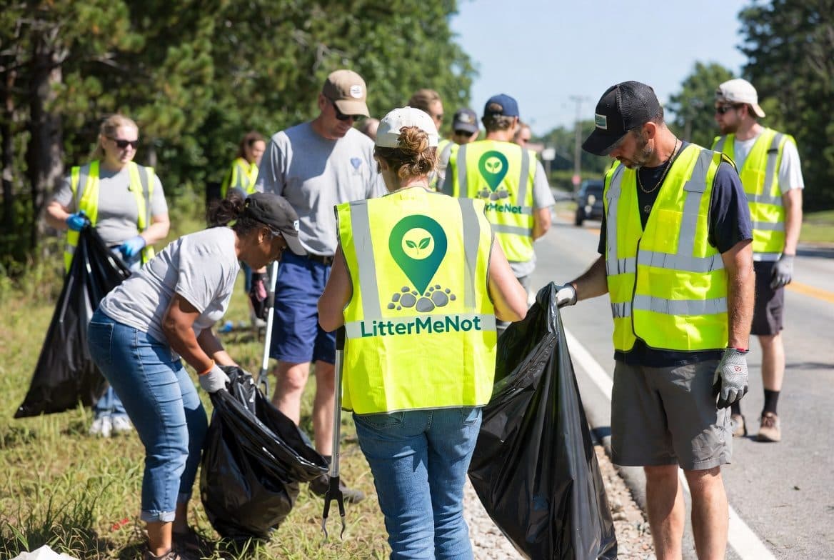Volunteers cleaning up litter together outdoors